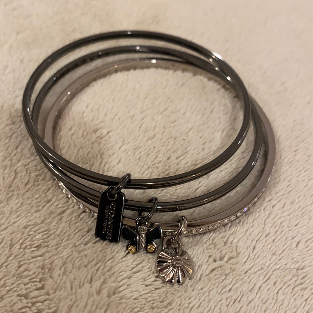 Coach Gun Metal & Crystal Bangle Bracelet Set